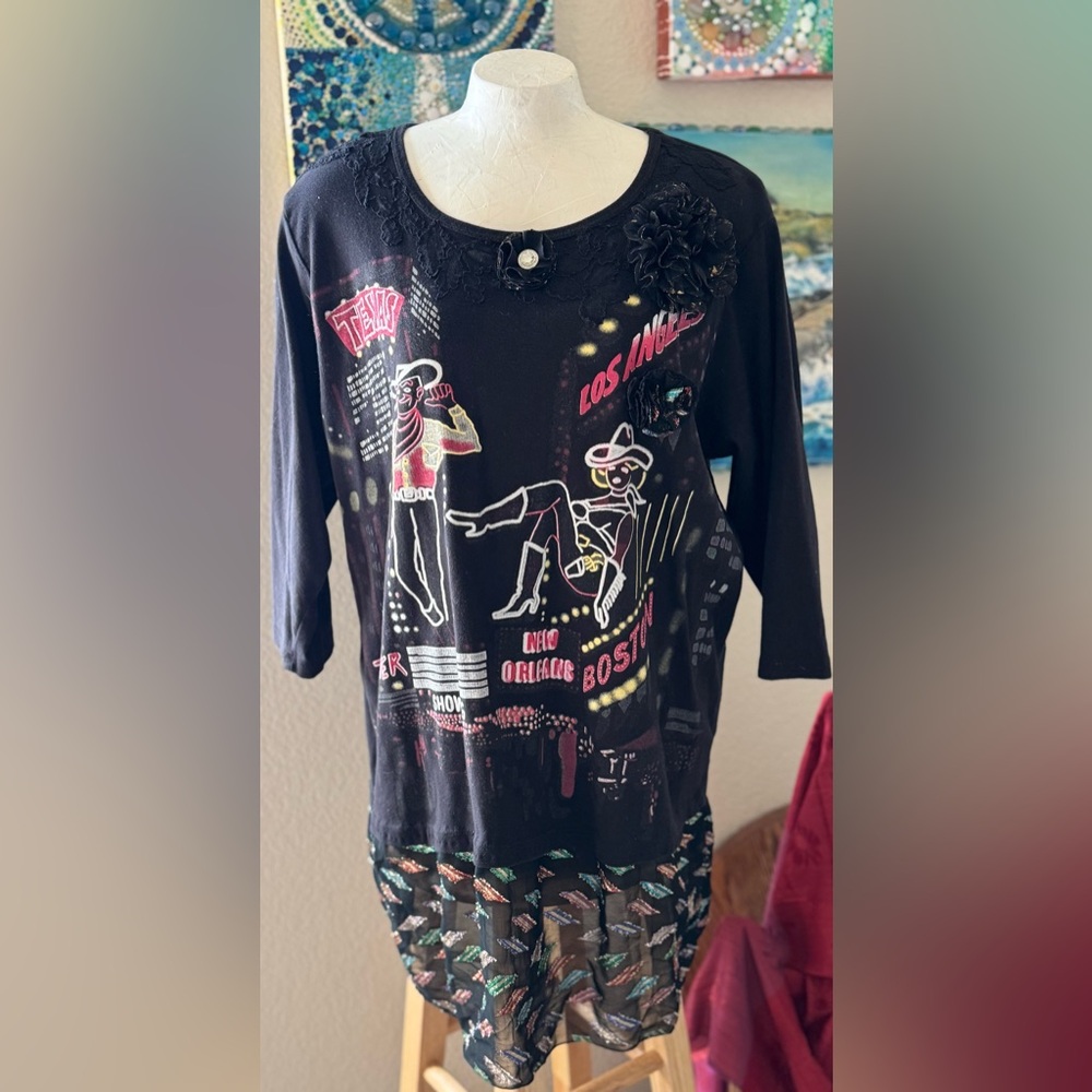 Route 66 Black Textured Top with Floral Accents